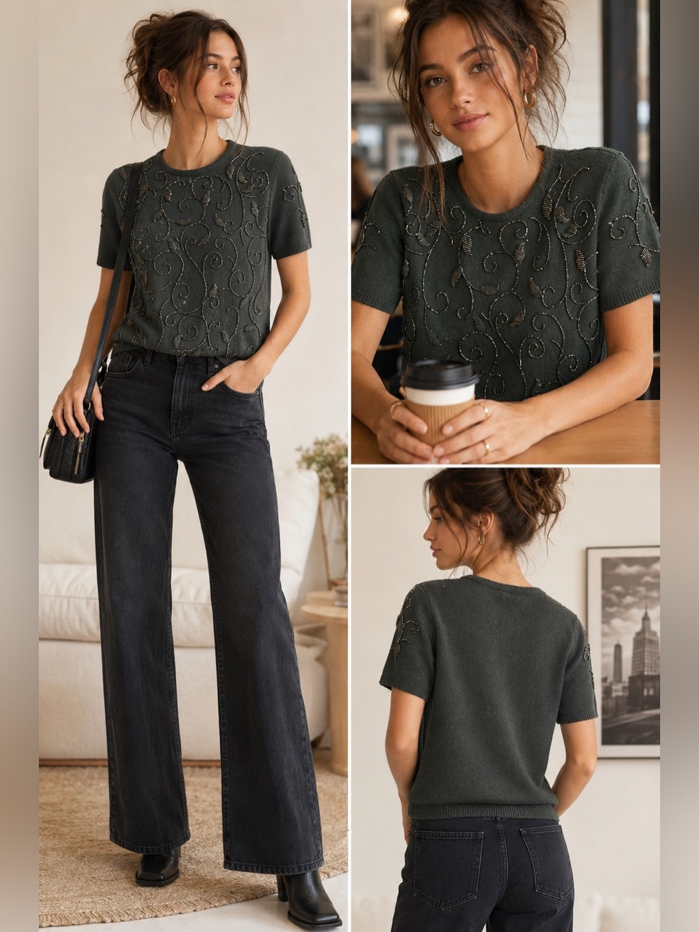 Liz Claiborne Petite Collection Embellished Short Sleeve Tee in Black